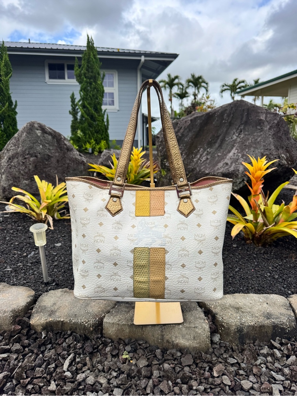 MCM White Visetos Tote Bag Metallic Gold Leather Trim Shopper Handbag